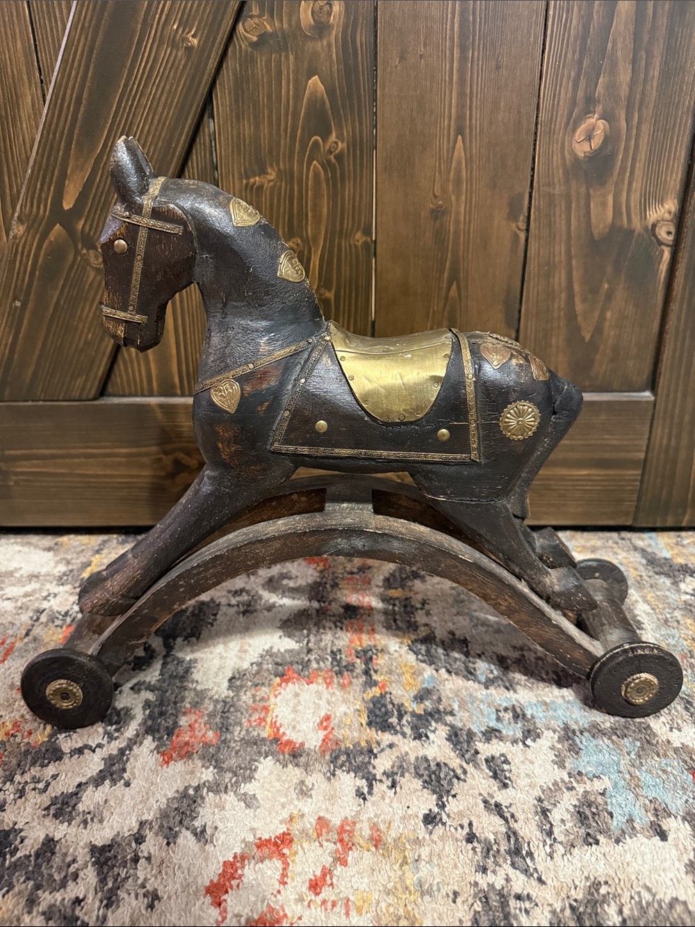 Vintage Hand Carved Wooden Indian Rocking Horse Brass Accents Rolling Wheels